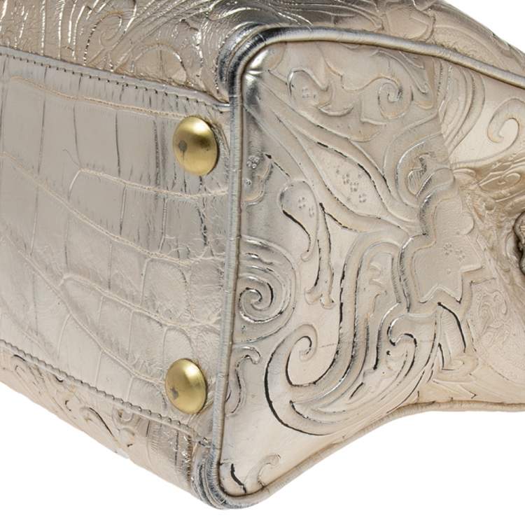 Pre Owned Etro Metallic Gold/Silver Paisley Embossed Leather Tote