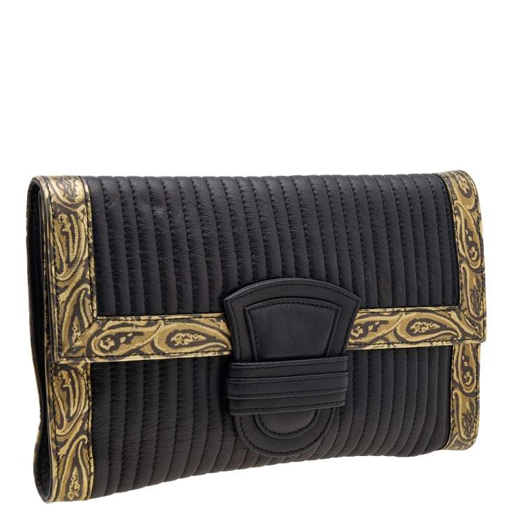 Pre Owned Etro Black/Gold Printed Leather Flap Clutch