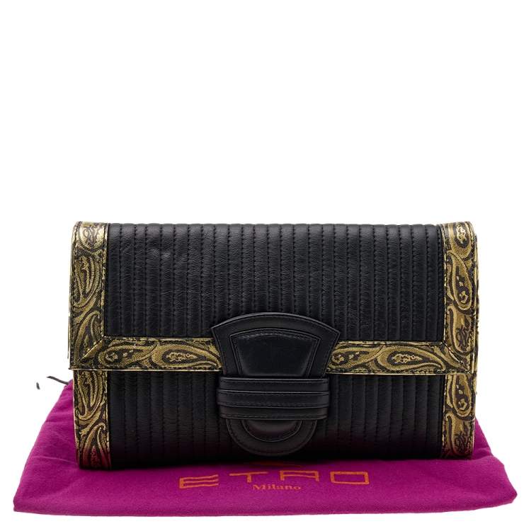 Pre Owned Etro Black/Gold Printed Leather Flap Clutch