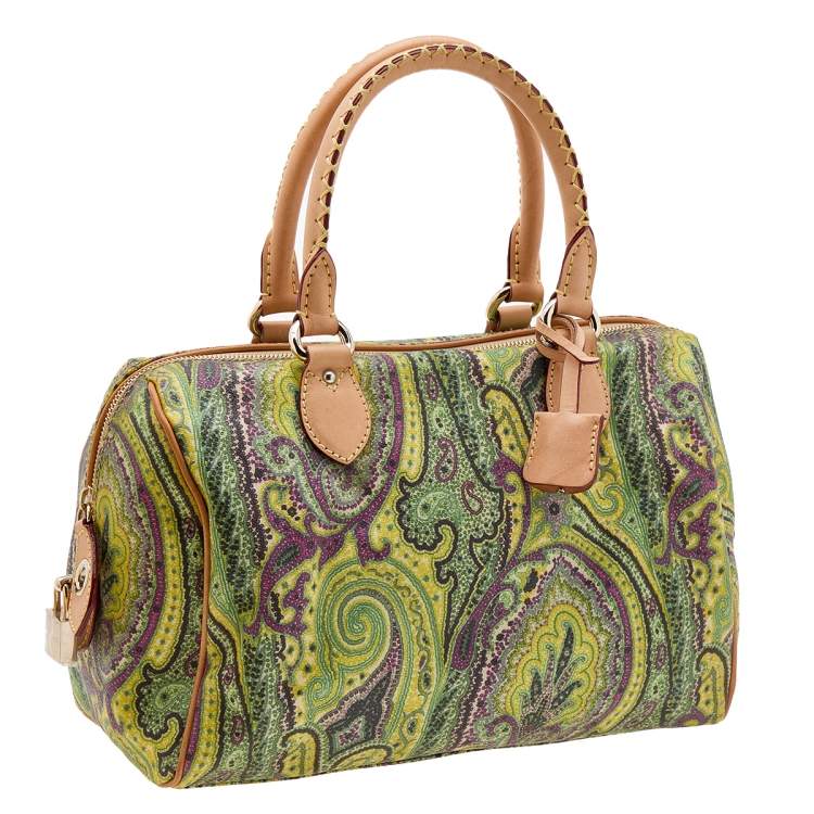 Pre Owned Etro Green/Brown Paisley Printed Coated Canvas And Leather Duffle Bag