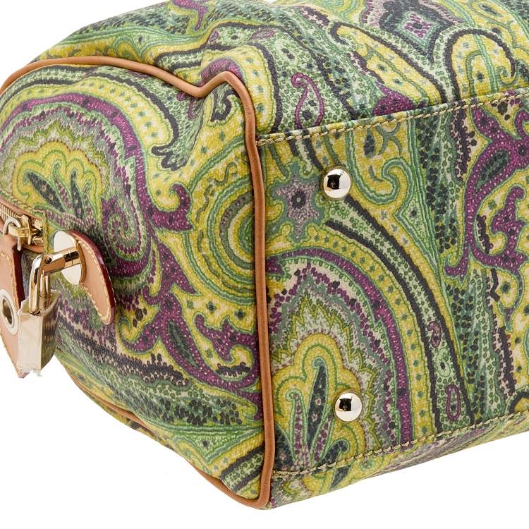 Pre Owned Etro Green/Brown Paisley Printed Coated Canvas And Leather Duffle Bag