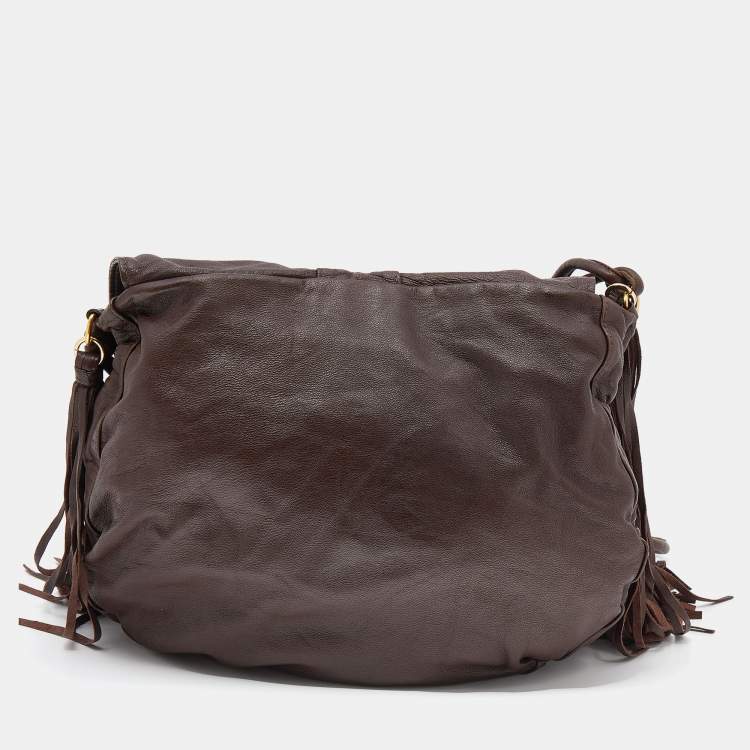 Pre Owned Etro Dark Brown Leather Fringe Flap Shoulder Bag