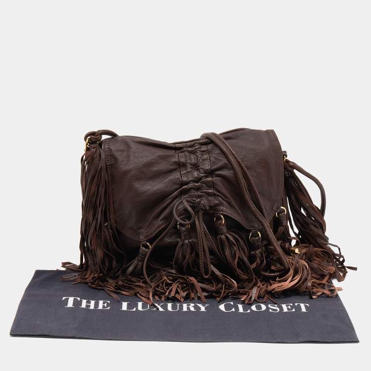 Pre Owned Etro Dark Brown Leather Fringe Flap Shoulder Bag