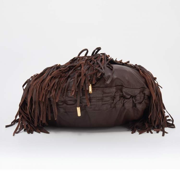 Pre Owned Etro Dark Brown Leather Fringe Flap Shoulder Bag