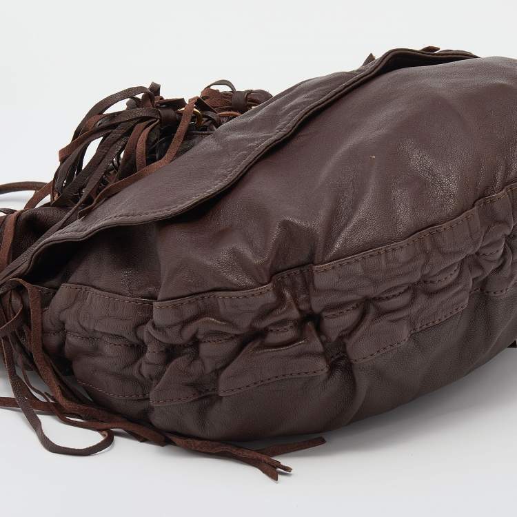 Pre Owned Etro Dark Brown Leather Fringe Flap Shoulder Bag