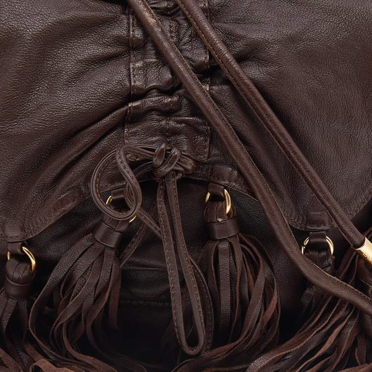 Pre Owned Etro Dark Brown Leather Fringe Flap Shoulder Bag