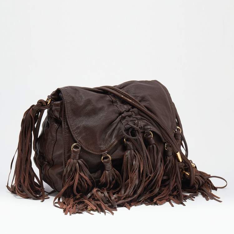 Pre Owned Etro Dark Brown Leather Fringe Flap Shoulder Bag