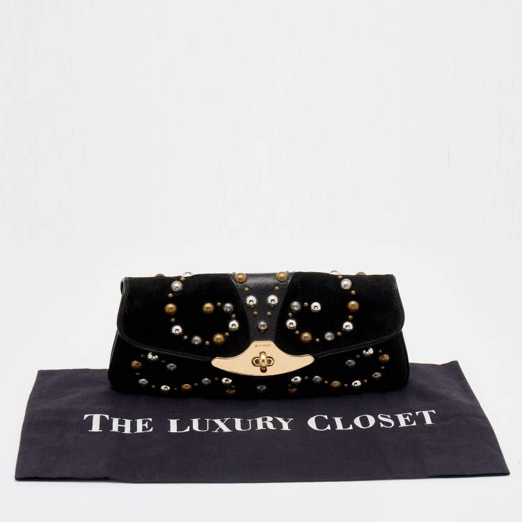 Pre Owned Etro Black Suede Embellished Turnlock Clutch