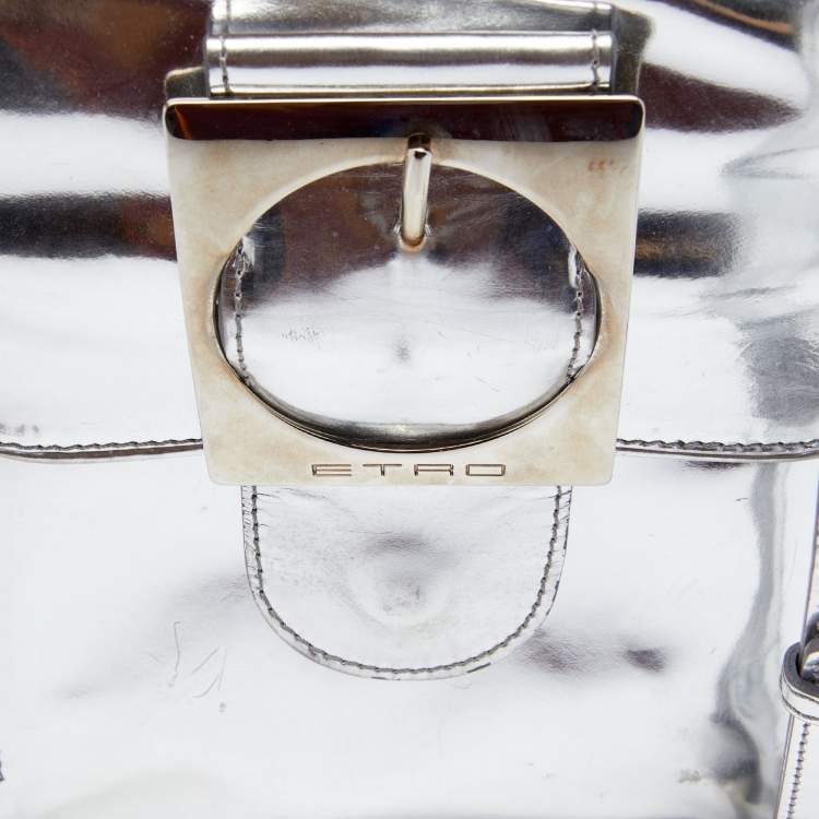 Pre Owned Etro Metallic Silver Leather Flap Crossbody Bag