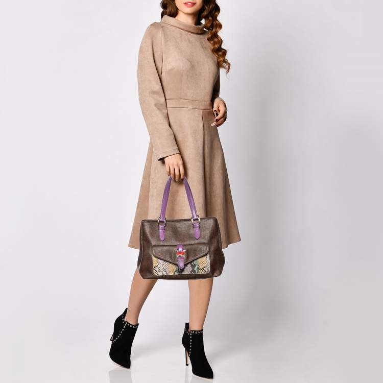 Pre Owned Etro Multicolor Paisley Coated Canvas and Python Embossed Leather Tote