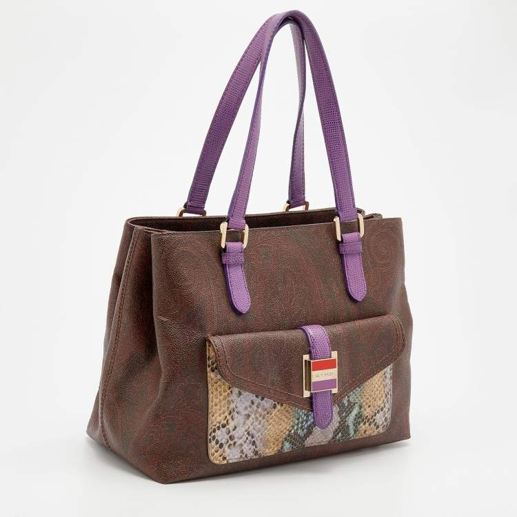 Pre Owned Etro Multicolor Paisley Coated Canvas and Python Embossed Leather Tote