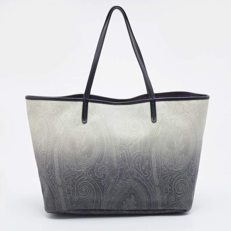 Pre Owned Etro Ombre Black/White Paisley Print Coated Canvas and Leather Shopper Tote 