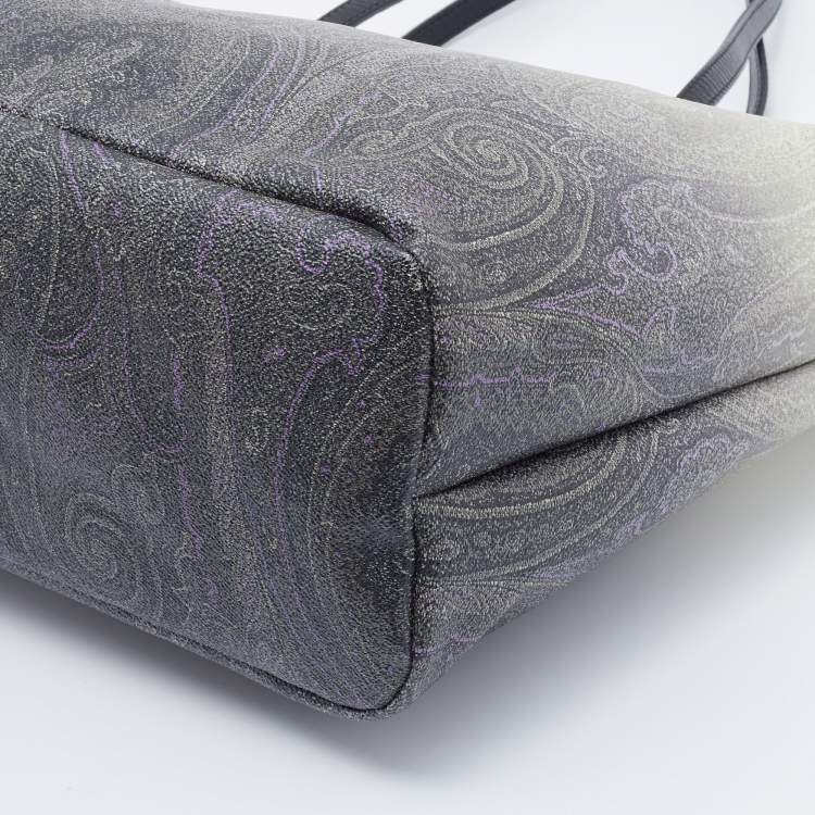 Pre Owned Etro Ombre Black/White Paisley Print Coated Canvas and Leather Shopper Tote 
