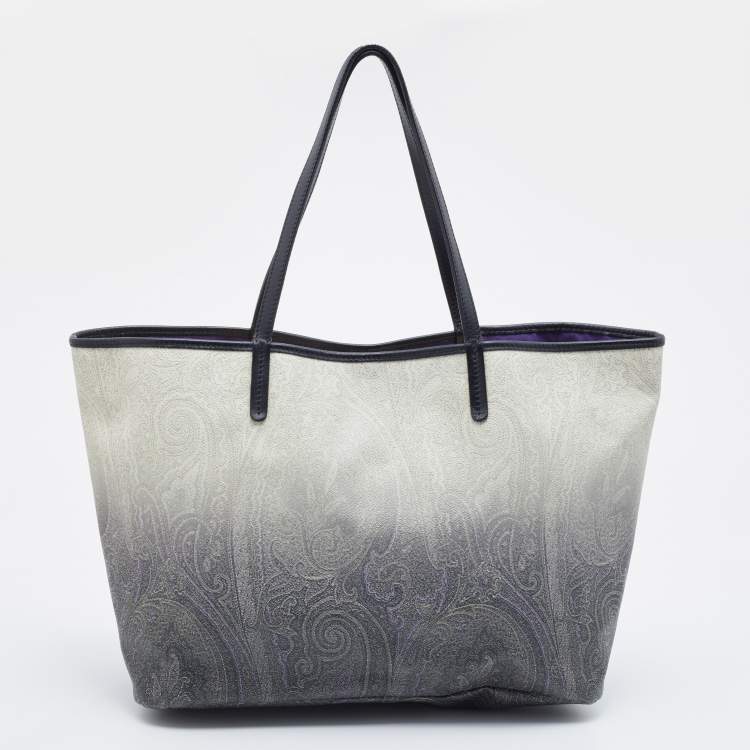 Pre Owned Etro Ombre Black/White Paisley Print Coated Canvas and Leather Shopper Tote 