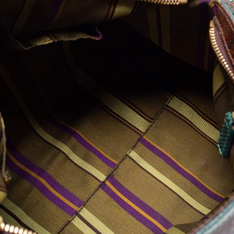 Pre Owned Etro Green/Brown Paisley Print Coated Canvas and Snakeskin Embossed Leather Chain Boston Bag