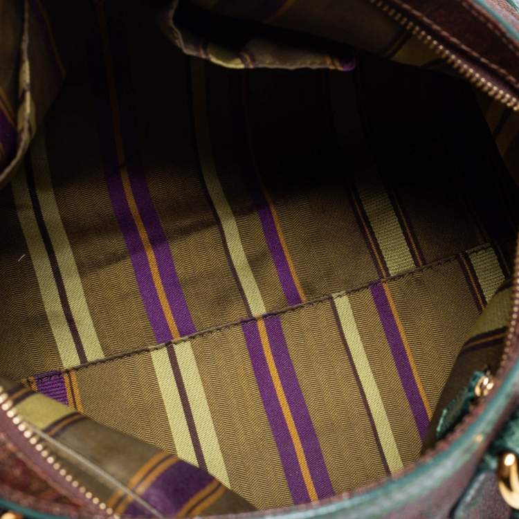 Pre Owned Etro Green/Brown Paisley Print Coated Canvas and Snakeskin Embossed Leather Chain Boston Bag