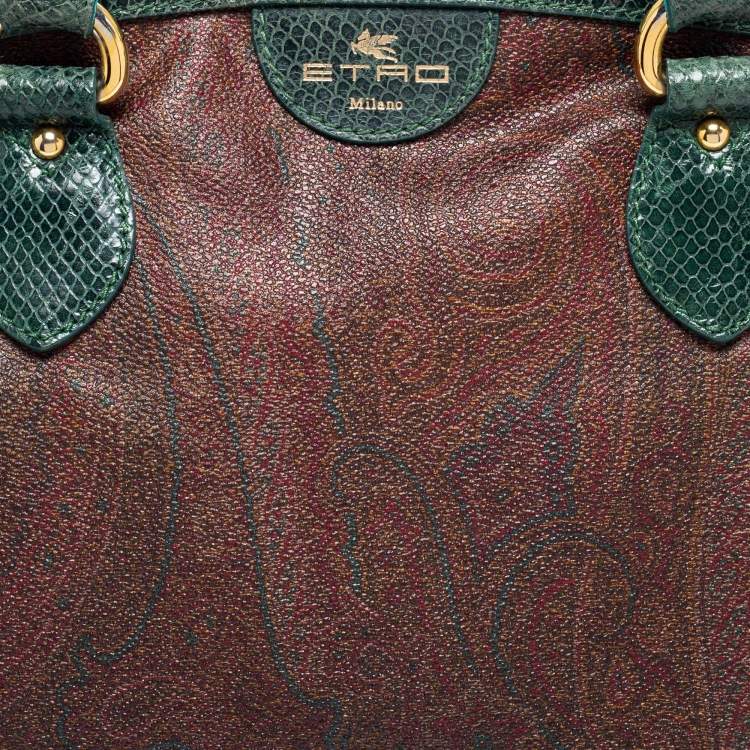 Pre Owned Etro Green/Brown Paisley Print Coated Canvas and Snakeskin Embossed Leather Chain Boston Bag