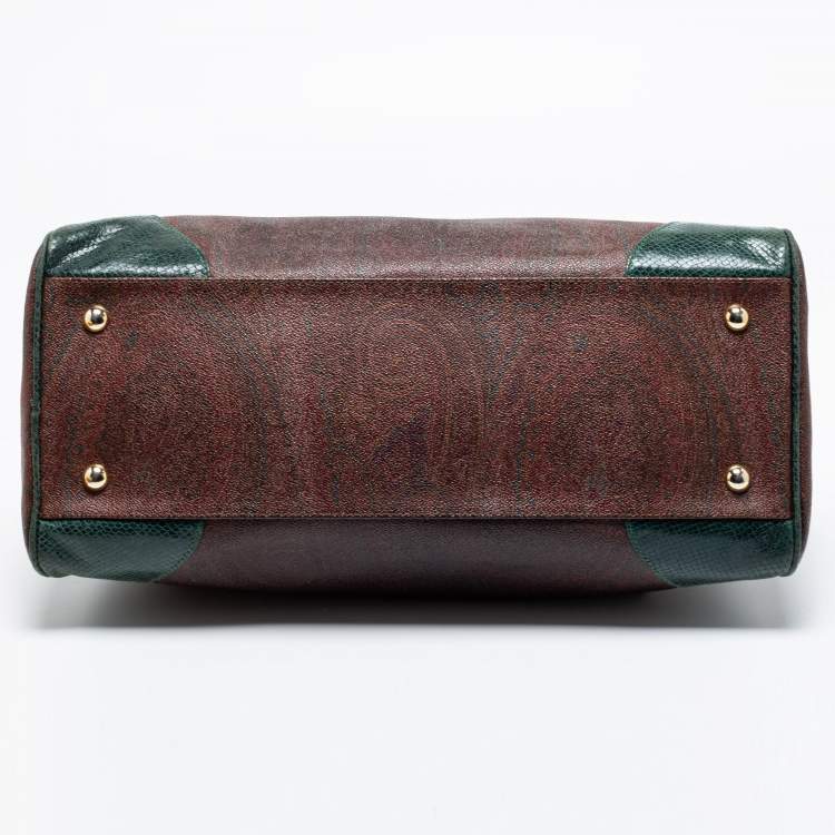 Pre Owned Etro Green/Brown Paisley Print Coated Canvas and Snakeskin Embossed Leather Chain Boston Bag