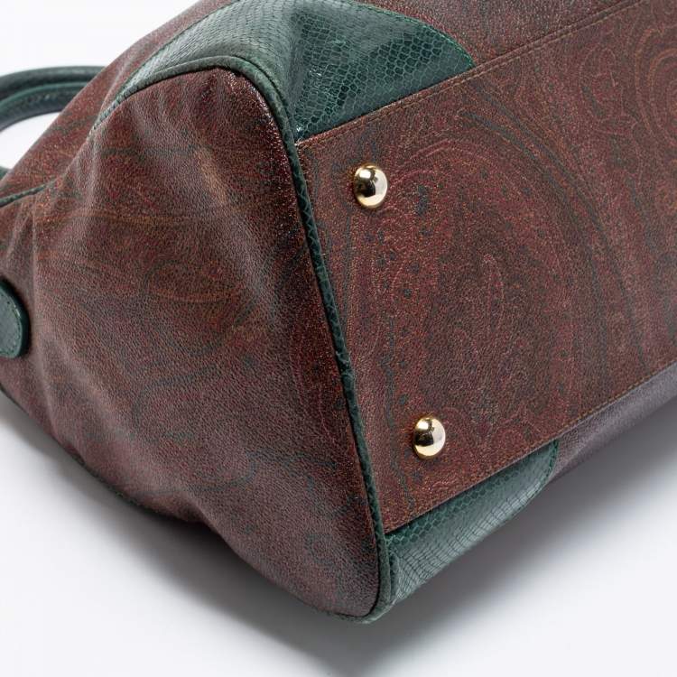 Pre Owned Etro Green/Brown Paisley Print Coated Canvas and Snakeskin Embossed Leather Chain Boston Bag