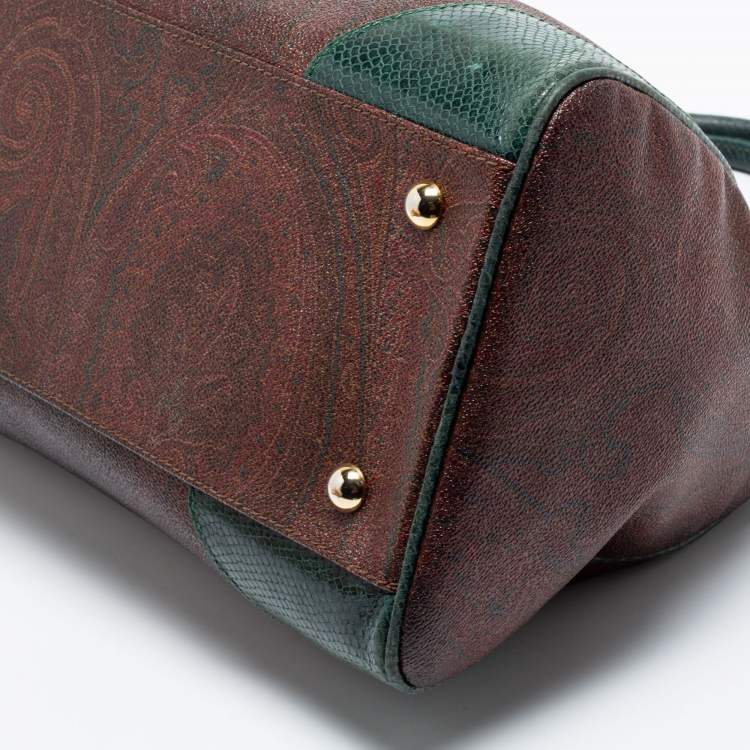 Pre Owned Etro Green/Brown Paisley Print Coated Canvas and Snakeskin Embossed Leather Chain Boston Bag