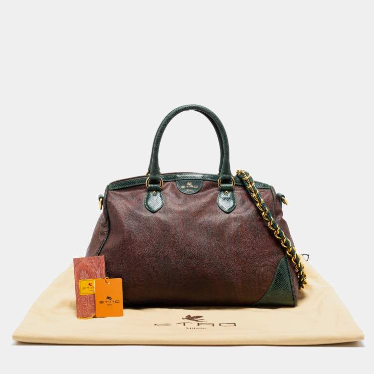 Pre Owned Etro Green/Brown Paisley Print Coated Canvas and Snakeskin Embossed Leather Chain Boston Bag