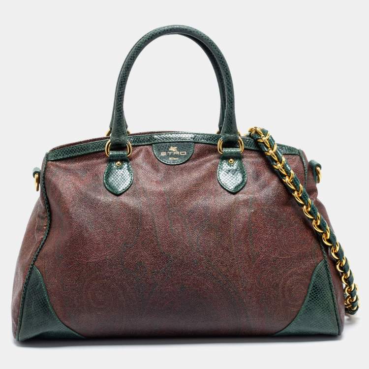 Pre Owned Etro Green/Brown Paisley Print Coated Canvas and Snakeskin Embossed Leather Chain Boston Bag