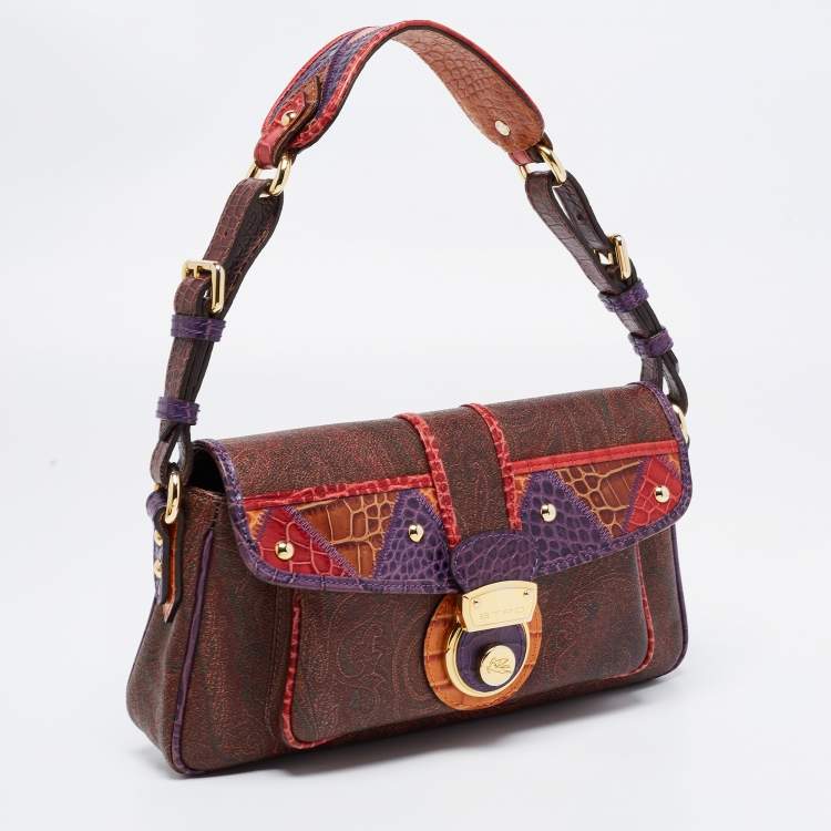 Pre Owned Etro Multicolor Paisley Printed Croc Embossed Leather Shoulder Bag