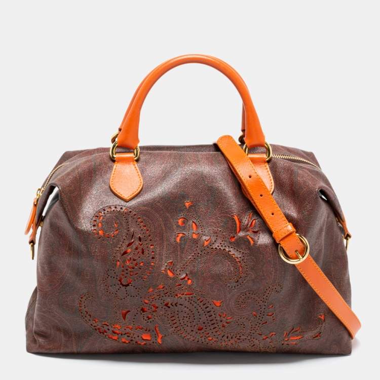 Pre Owned Etro Brown/Orange Paisley Print Coated Canvas and Leather Satchel