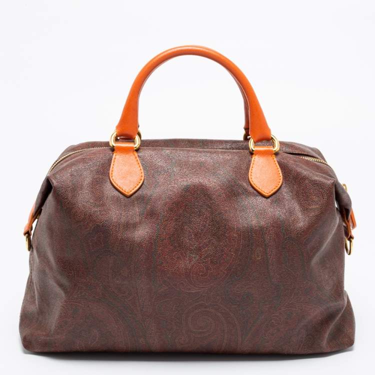 Pre Owned Etro Brown/Orange Paisley Print Coated Canvas and Leather Satchel