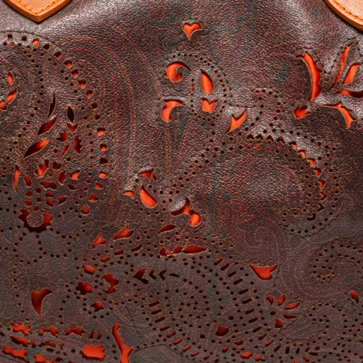 Pre Owned Etro Brown/Orange Paisley Print Coated Canvas and Leather Satchel