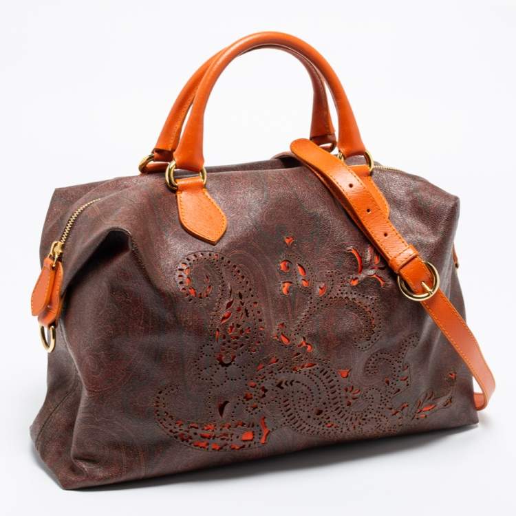 Pre Owned Etro Brown/Orange Paisley Print Coated Canvas and Leather Satchel