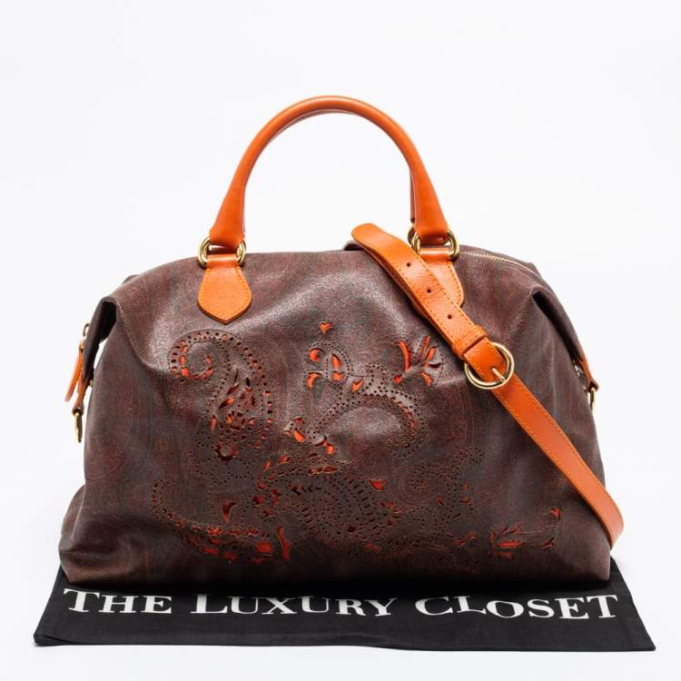 Pre Owned Etro Brown/Orange Paisley Print Coated Canvas and Leather Satchel