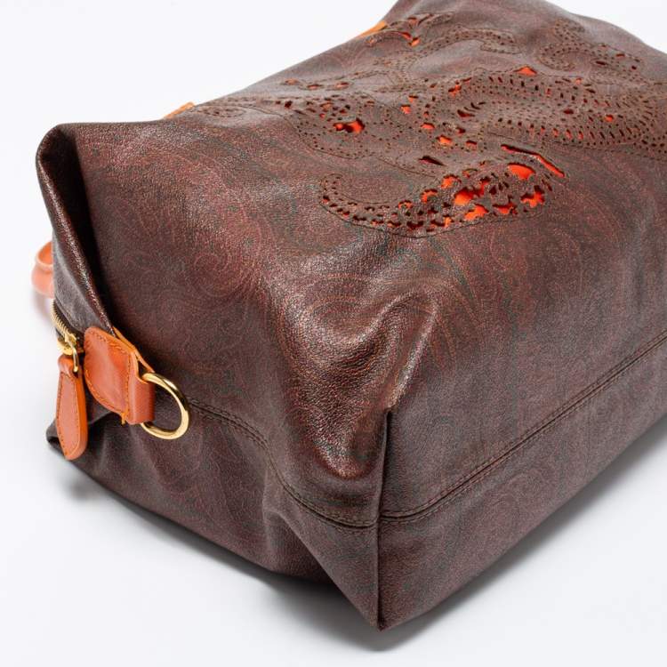 Pre Owned Etro Brown/Orange Paisley Print Coated Canvas and Leather Satchel