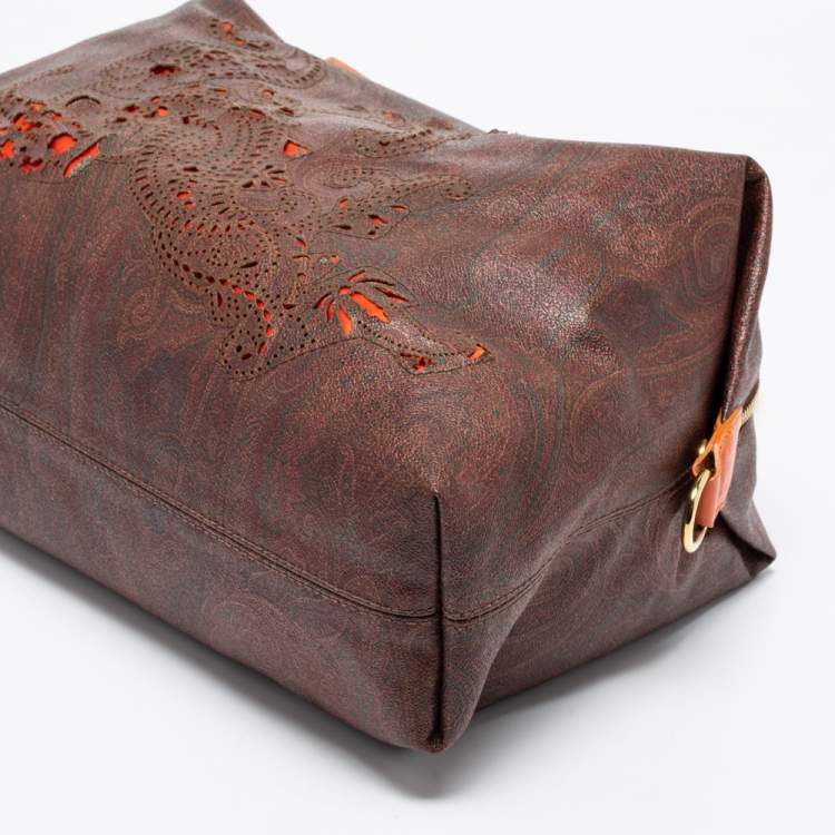 Pre Owned Etro Brown/Orange Paisley Print Coated Canvas and Leather Satchel