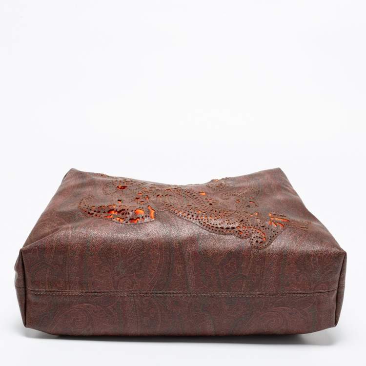 Pre Owned Etro Brown/Orange Paisley Print Coated Canvas and Leather Satchel