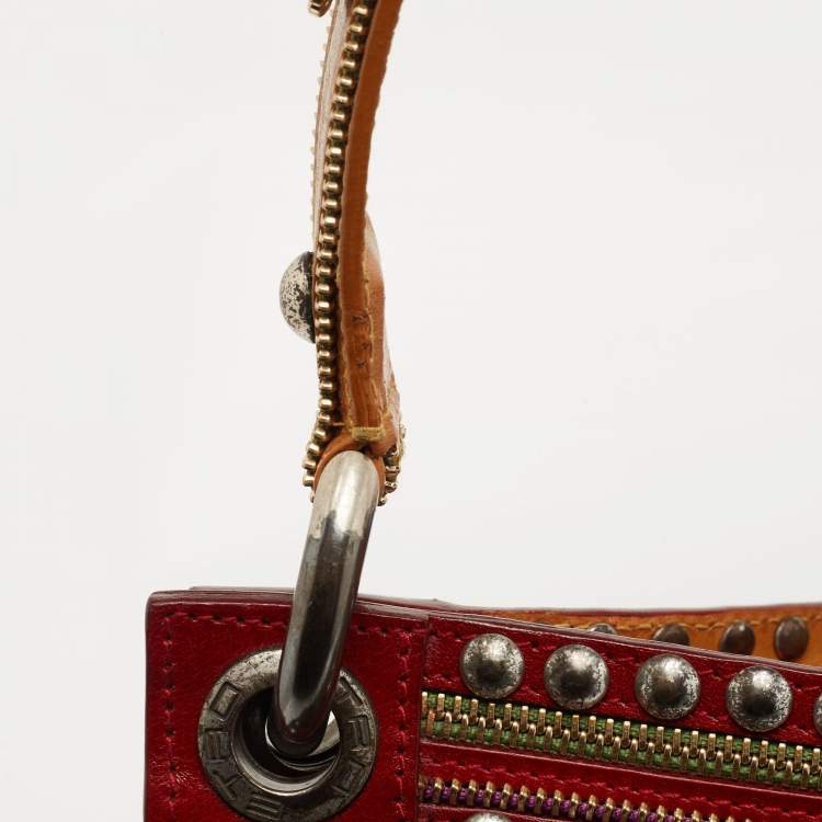 Pre Owned Etro Brown/Red Paisley Coated Canvas and Leather Studded Hobo