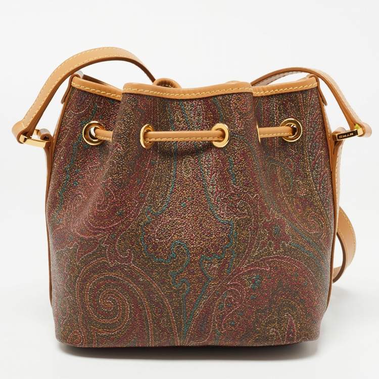 Pre Owned Etro Brown Paisley Printed Coated Canvas and Leather Drawstring Bucket Bag