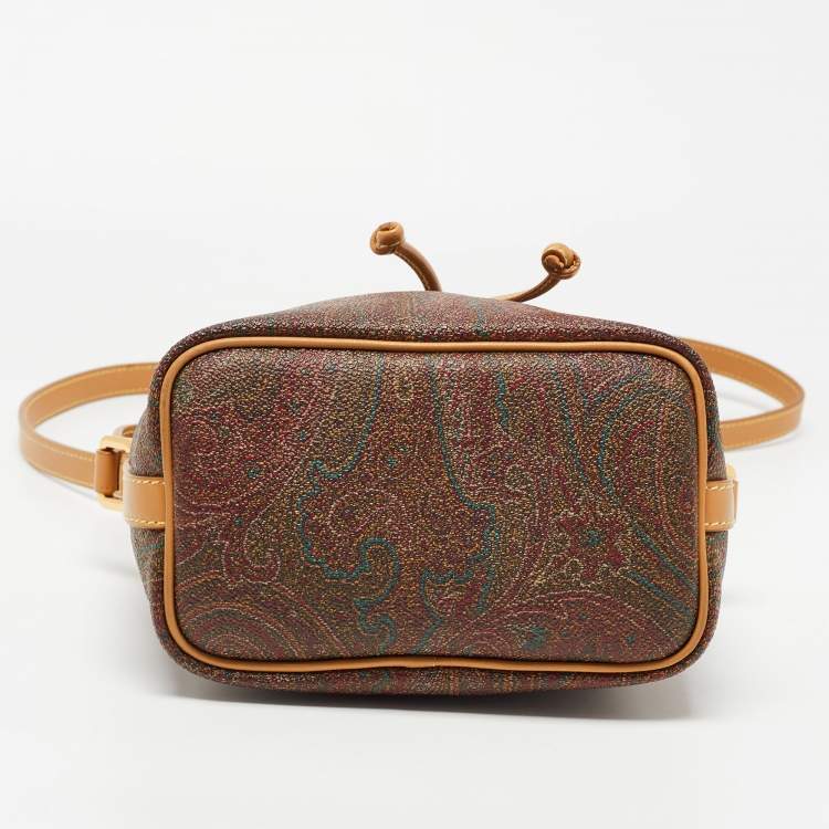 Pre Owned Etro Brown Paisley Printed Coated Canvas and Leather Drawstring Bucket Bag