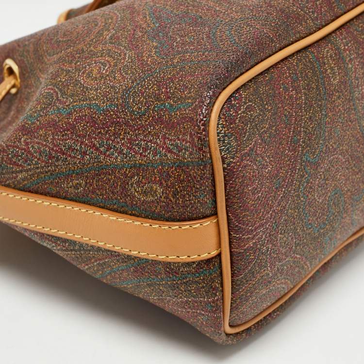 Pre Owned Etro Brown Paisley Printed Coated Canvas and Leather Drawstring Bucket Bag