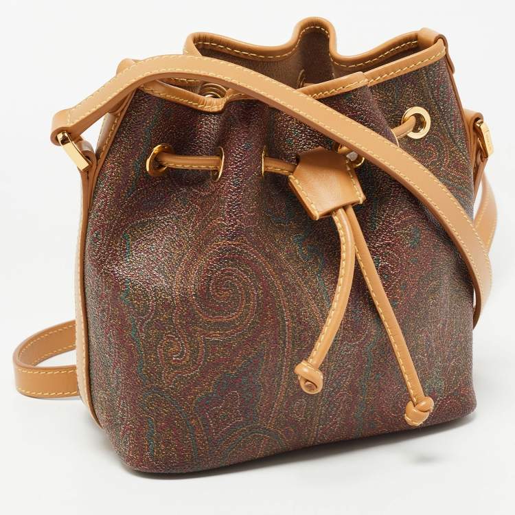 Pre Owned Etro Brown Paisley Printed Coated Canvas and Leather Drawstring Bucket Bag