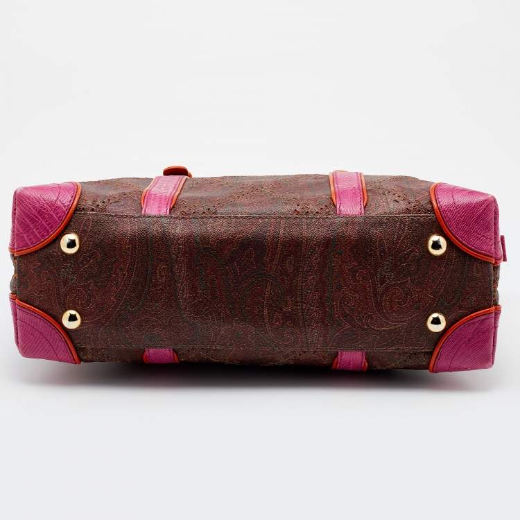 Pre Owned Etro Multicolor Paisley Print Coated Canvas and Lizard Embossed Leather Satchel