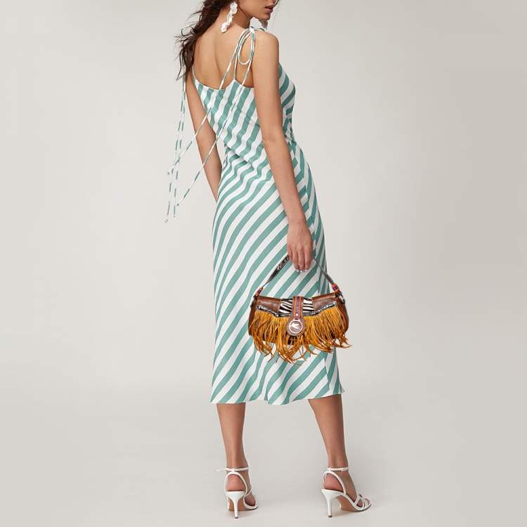 Pre Owned Etro Multicolor Leather and Calfhair Feather Flap Baguette Bag