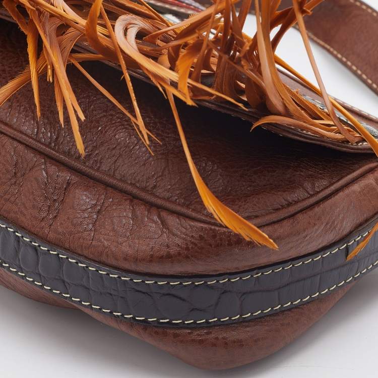 Pre Owned Etro Multicolor Leather and Calfhair Feather Flap Baguette Bag