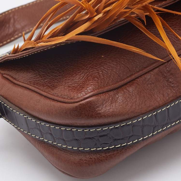 Pre Owned Etro Multicolor Leather and Calfhair Feather Flap Baguette Bag