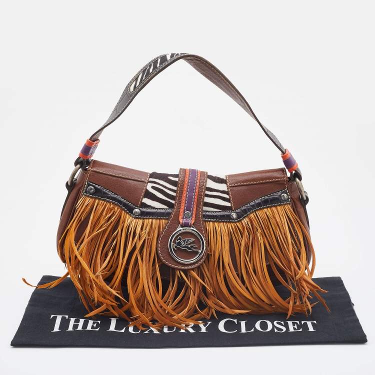 Pre Owned Etro Multicolor Leather and Calfhair Feather Flap Baguette Bag