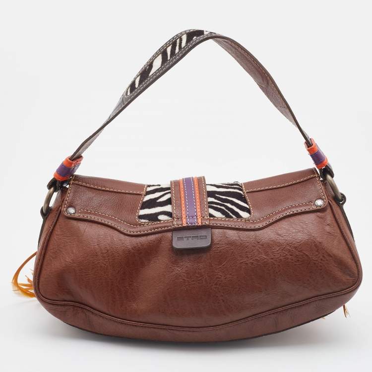 Pre Owned Etro Multicolor Leather and Calfhair Feather Flap Baguette Bag
