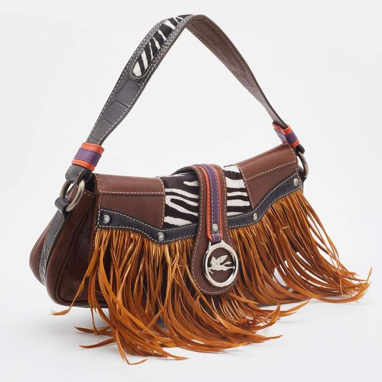 Pre Owned Etro Multicolor Leather and Calfhair Feather Flap Baguette Bag