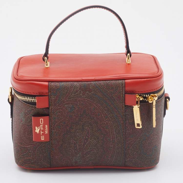 Pre Owned Etro Red  Paisley Print Coated Canvas and Leather Vanity Top Handle Bag