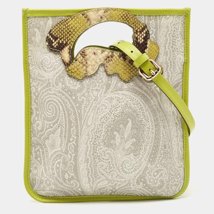Etro Grey/Green Paisley Coated Canvas and Python Embossed Leather Detail Bag  Etro