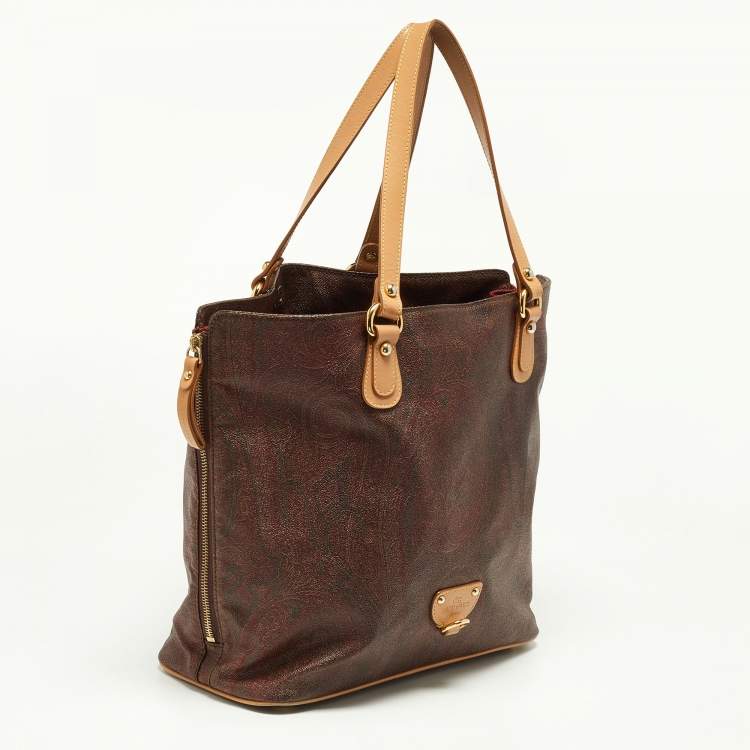 Pre Owned Etro Brown/Tan Paisley Coated Canvas and Leather Tote